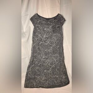 Lina Tomei 100% Linen Embroidered Dress Cap Sleeve Pockets Grey L
